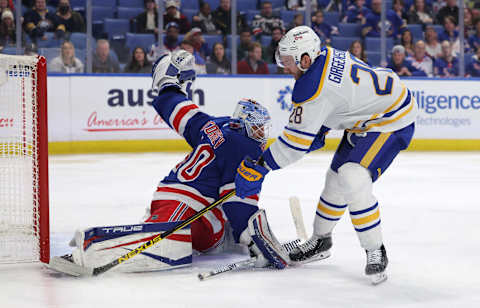 Dec 10, 2021; Buffalo, New York, USA; New York Rangers goaltender Alexandar Georgiev (40) makes a pad save on Buffalo Sabres center Zemgus Girgensons (28) during the second period at KeyBank Center. Mandatory Credit: Timothy T. Ludwig-USA TODAY Sports