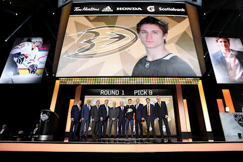 Trevor Zegras reacts after being selected ninth overall by the Anaheim Ducks (Photo by Bruce Bennett/Getty Images)