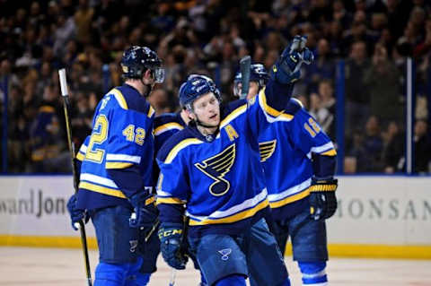 Feb 22, 2016; St. Louis, MO, USA; St. Louis Blues right wing Vladimir Tarasenko (91) points into the stands after scoring a goal against the San Jose Sharks during the second period at Scottrade Center. Mandatory Credit: Jeff Curry-USA TODAY Sports