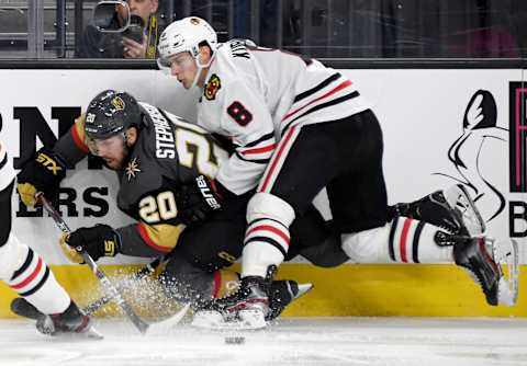 Chandler Stephenson #20 of the Vegas Golden Knights and Dominik Kubalik #8 of the Chicago Blackhawks (Photo by Ethan Miller/Getty Images)