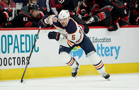 RALEIGH, NC – FEBRUARY 15: Kevin Gravel #5 of the Edmonton Oilers skates hard on the ice during an NHL game against the Carolina Hurricanes on February 15, 2019 at PNC Arena in Raleigh, North Carolina. (Photo by Gregg Forwerck/NHLI via Getty Images)