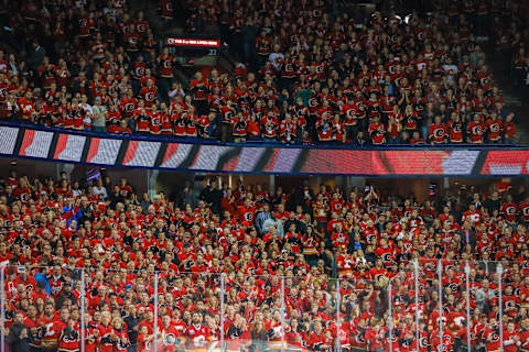 Apr 17, 2017; Calgary, Alberta, CAN; General view of the fans during the third period between the Calgary Flames and the Anaheim Ducks in game three of the first round of the 2017 Stanley Cup Playoffs at Scotiabank Saddledome. Mandatory Credit: Sergei Belski-USA TODAY Sports