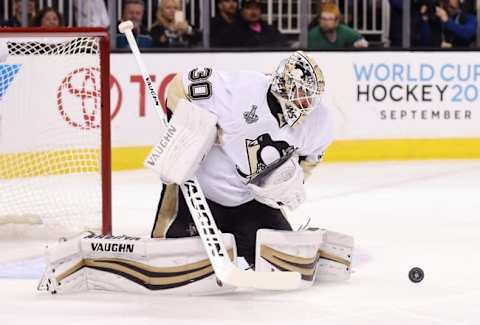 Jun 12, 2016; San Jose, CA, USA; Pittsburgh Penguins goalie Matt Murray (30) makes a save against the San Jose Sharks in the first period in game six of the 2016 Stanley Cup Final at SAP Center at San Jose. Mandatory Credit: Gary A. Vasquez-USA TODAY Sports