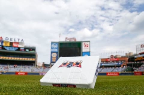 Oct 2, 2016; Atlanta, GA, USA; General view of a Turner Field logo on first base before a game between the Atlanta Braves and Detroit Tigers at Turner Field. Mandatory Credit: Brett Davis-USA TODAY Sports