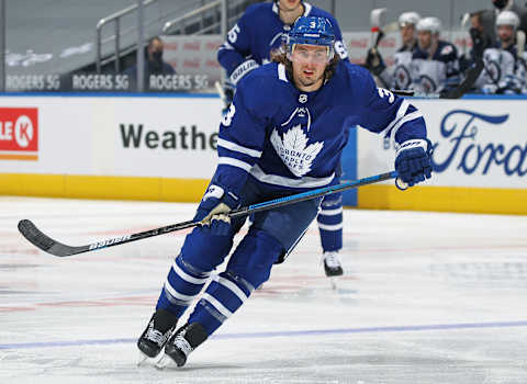 TORONTO, ON – JANUARY 18: Justin Holl #3 of the Toronto Maple Leafs   (Photo by Claus Andersen/Getty Images)