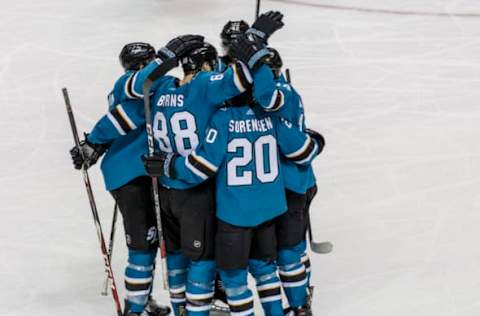 SAN JOSE, CA – APRIL 07: San Jose Sharks celebrate defenseman Brent Burns (88) goal during the first period of the regular season game between the San Jose Sharks and the Minnesota Wild held April 7, 2018 at the SAP Center in San Jose, CA. Final score: Sharks- 3, Wild- 6. (Photo by Allan Hamilton/Icon Sportswire via Getty Images)