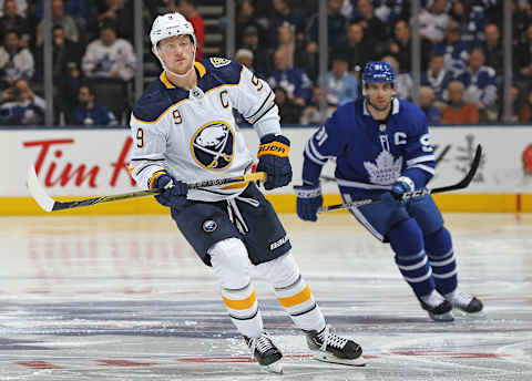 TORONTO, ON – DECEMBER 17: Jack Eichel #9 of the Buffalo Sabres skates against John Tavares #91 of the Toronto Maple Leafs  .(Photo by Claus Andersen/Getty Images)