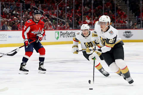 WASHINGTON, DC – NOVEMBER 09: Cody Eakin #21 of the Vegas Golden Knights skates with the puck against the Washington Capitals in the third period at Capital One Arena on November 09, 2019 in Washington, DC. (Photo by Rob Carr/Getty Images)