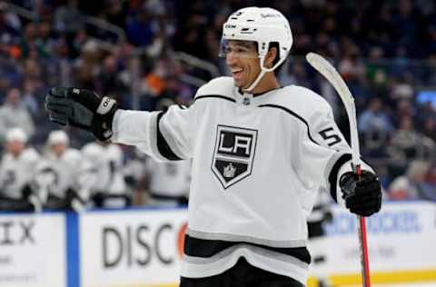 Jan 27, 2022; Elmont, New York, USA; Los Angeles Kings center Quinton Byfield (55) reacts after scoring a goal against the New York Islanders during the first period at UBS Arena. Mandatory Credit: Brad Penner-USA TODAY Sports