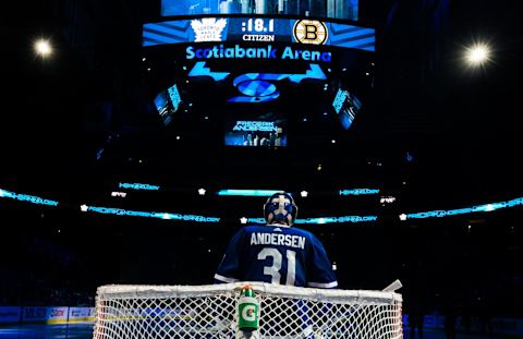 TORONTO, ON – APRIL 21: Frederik Andersen #31 of the Toronto Maple Leafs  . (Photo by Kevin Sousa/NHLI via Getty Images)