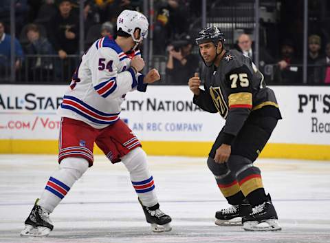 LAS VEGAS, NV – JANUARY 08: Ryan Reaves #75 of the Vegas Golden Knights fights Adam McQuaid #54 of the New York Rangers during the third period at T-Mobile Arena on January 8, 2019 in Las Vegas, Nevada. (Photo by Jeff Bottari/NHLI via Getty Images)