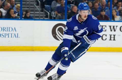 TAMPA, FL: Andrej Sustr #62 of the Tampa Bay Lightning skates against the Florida Panthers during the second period at Amalie Arena on March 6, 2018. (Photo by Scott Audette/NHLI via Getty Images)