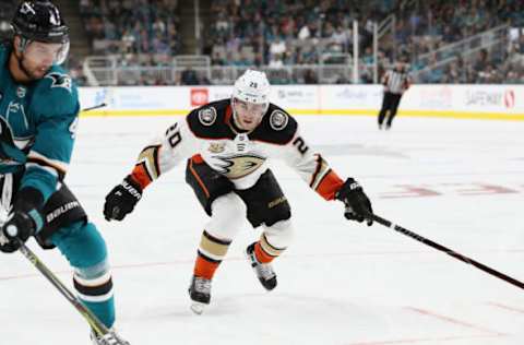 SAN JOSE, CA – OCTOBER 03: Pontus Aberg #20 of the Anaheim Ducks in action against the San Jose Sharks at SAP Center on October 3, 2018, in San Jose, California. (Photo by Ezra Shaw/Getty Images)