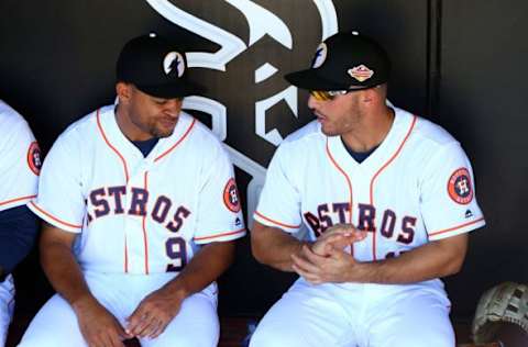 Oct 11, 2016; Glendale, AZ, USA; Glendale Desert Dogs outfielder Jason Martin (left) and Ramon Laureano of the Houston Astros during an Arizona Fall League game against the Scottsdale Scorpions at Camelback Ranch. Mandatory Credit: Mark J. Rebilas-USA TODAY Sports