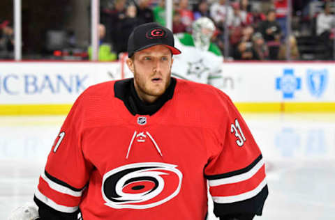 RALEIGH, NORTH CAROLINA – FEBRUARY 25: Anton Forsberg #31 of the Carolina Hurricanes during a game against the Dallas Stars at PNC Arena on February 25, 2020, in Raleigh, North Carolina. (Photo by Grant Halverson/Getty Images)