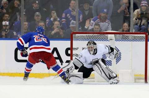 NEW YORK, NY – JANUARY 24: Adam Fox #23 of the New York Rangers scores the game-winning goal against Jonathan Quick #32 of the Los Angeles Kings in a shootout at Madison Square Garden on January 24, 2022, in New York City. The Rangers defeated the Kings 3-2. (Photo by Brad Penner/Getty Images)