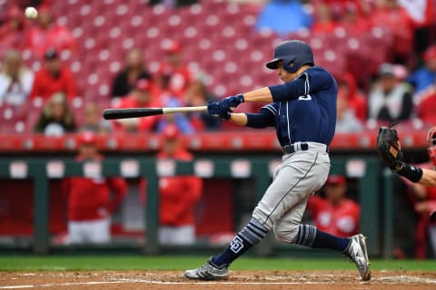 CINCINNATI, OH – SEPTEMBER 9: Luis Urrias #9 of the San Diego Padres hits a two-run home run in the fourth inning against the Cincinnati Reds at Great American Ball Park on September 9, 2018 in Cincinnati, Ohio. (Photo by Jamie Sabau/Getty Images)