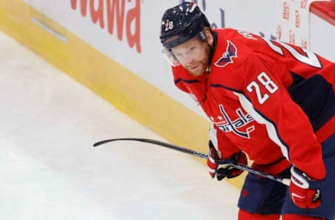 Oct 5, 2022; Washington, District of Columbia, USA; Washington Capitals right wing Connor Brown (28) on ice prior to the Capitals’ game against the Detroit Red Wings at Capital One Arena. Mandatory Credit: Geoff Burke-USA TODAY Sports