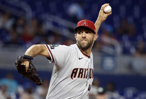 Apr 14, 2023; Miami, Florida, USA; Arizona Diamondbacks starting pitcher Madison Bumgarner (40) pitches against the Miami Marlins during the first inning at loanDepot Park. Mandatory Credit: Rhona Wise-USA TODAY Sports