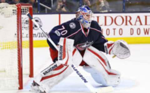 Columbus Blue Jackets goalie Joonas Korpisalo (70) against the Toronto Maple Leafs (Aaron Doster-USA TODAY Sports)