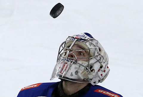 ST PETERSBURG, RUSSIA – OCTOBER 21, 2017: SKA St Petersburg’s goaltender Igor Shestyorkin in their 2017/18 KHL Regular Season ice hockey match against HC Jokerit Helsinki at the Ledovy Dvorets [Ice Palace] arena. HC SKA St Petersburg won the game 4-3 in extra time. Alexander Demianchuk/TASS (Photo by Alexander Demianchuk\TASS via Getty Images)