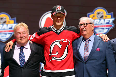 Pavel Zacha poses after being selected sixth overall by the New Jersey Devils (Photo by Bruce Bennett/Getty Images)