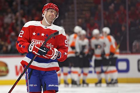 WASHINGTON, DC – FEBRUARY 08: Evgeny Kuznetsov #92 of the Washington Capitals reacts after a Philadelphia Flyers goal during the second period at Capital One Arena on February 08, 2020 in Washington, DC. (Photo by Patrick Smith/Getty Images)