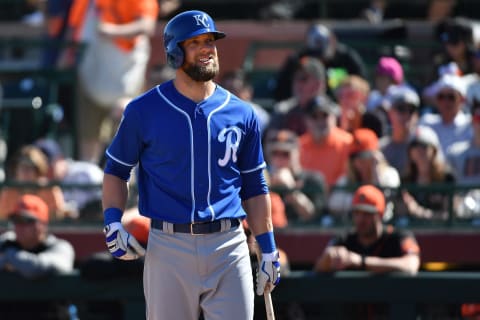 SCOTTSDALE, AZ – FEBRUARY 26: Alex Gordon #4 of the Kansas City Royals bats in the spring training game against the San Francisco Giants at Scottsdale Stadium on February 26, 2018 in Scottsdale, Arizona. (Photo by Jennifer Stewart/Getty Images)