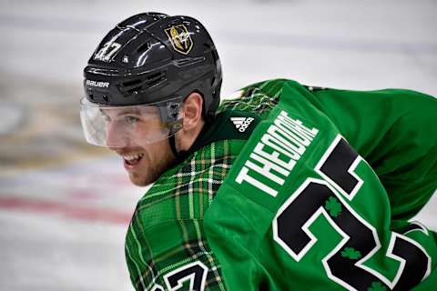 LAS VEGAS, NV – MARCH 17: Shea Theodore #27 of the Vegas Golden Knights warms up prior to a game against the Edmonton Oilers at T-Mobile Arena on March 17, 2019 in Las Vegas, Nevada. (Photo by David Becker/NHLI via Getty Images)