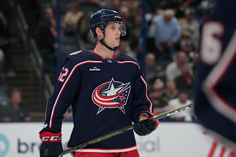 COLUMBUS, OHIO – APRIL 13: Samuel Knazko #62 of the Columbus Blue Jackets looks on during a stoppage in play in the first period against the Pittsburgh Penguins at Nationwide Arena on April 13, 2023 in Columbus, Ohio. (Photo by Jason Mowry/Getty Images)