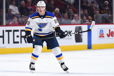 MONTREAL, QC – OCTOBER 17: Look on St. Louis Blues defenceman Vince Dunn (29) during the St. Louis Blues versus the Montreal Canadiens game on October 17, 2018, at Bell Centre in Montreal, QC (Photo by David Kirouac/Icon Sportswire via Getty Images)