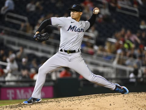 Sep 16, 2022; Washington, District of Columbia, USA; Miami Marlins starting pitcher Jesus Luzardo (44) throws to the Washington Nationals during the fifth inning at Nationals Park. Mandatory Credit: Brad Mills-USA TODAY Sports