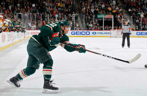 ST. PAUL, MN – MARCH 25: Kevin Fiala #22 of the Minnesota Wild takes a shot on goal during a game with the Nashville Predators at Xcel Energy Center on March 25, 2019, in St. Paul, Minnesota. (Photo by Bruce Kluckhohn/NHLI via Getty Images)