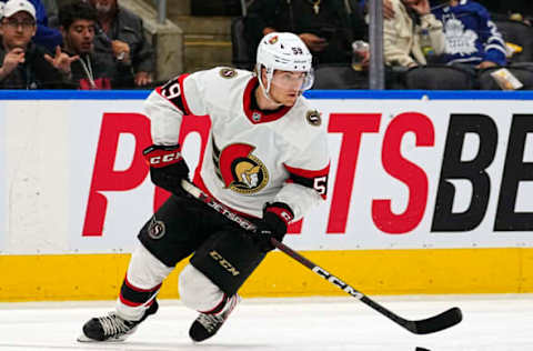 Ottawa Senators forward Angus Crookshank carries the puck against the Toronto Maple Leafs during the third period at Scotiabank Arena | Mandatory Credit: John E. Sokolowski-USA TODAY Sports