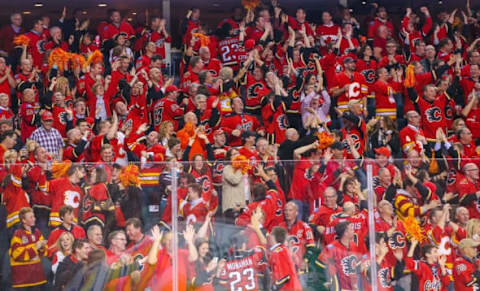 May 5, 2015; Calgary, Alberta, CAN; Calgary Flames fans celebrate goal by Calgary Flames left wing Johnny Gaudreau (not pictured) against the Anaheim Ducks during the third period in game three of the second round of the 2015 Stanley Cup Playoffs at Scotiabank Saddledome. Mandatory Credit: Sergei Belski-USA TODAY Sports