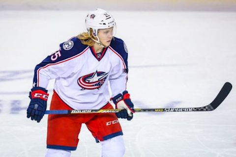 Feb 5, 2016; Calgary, Alberta, CAN; Columbus Blue Jackets center William Karlsson (25) skates against the Calgary Flames during the third period at Scotiabank Saddledome. Columbus Blue Jackets won 2-1. Mandatory Credit: Sergei Belski-USA TODAY Sports