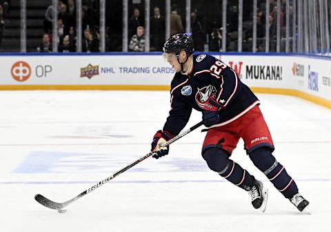 Columbus Blue Jackets’ Patrik Laine controls the puck during the 2022 NHL Global Series ice hockey match Colorado Avalanche vs Columbus Blue Jackets in Tampere on November 5, 2022. – – Finland OUT (Photo by Emmi Korhonen / Lehtikuva / AFP) / Finland OUT (Photo by EMMI KORHONEN/Lehtikuva/AFP via Getty Images)