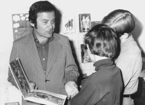 Maurice Sendak with his book Where the Wild Things Are at the International Youth Library in Munich in 1971.