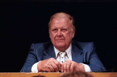 Owner Harold Ballard of the Toronto Maple Leafs Watches the play from the bunker against the Detroit Red Wings during NHL game action on October 15, 1980 at Maple Leaf Gardens in Toronto, Ontario, Canada. (Photo by Graig Abel/Getty Images)