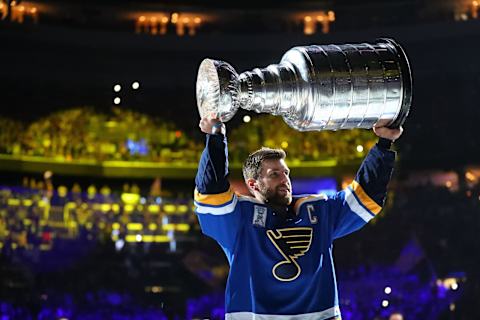 ST LOUIS, MO – OCTOBER 02: Alex Pietrangelo #27 of the St. Louis Blues shows off the Stanley Cup prior to playing against the Washington Capitals at Enterprise Center on October 2, 2019 in St Louis, Missouri. (Photo by Dilip Vishwanat/Getty Images)