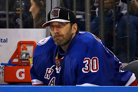 Jan 17, 2017; New York, NY, USA; New York Rangers goalie Henrik Lundqvist (30) looks on from the bench during the third period against the Dallas Stars at Madison Square Garden. Mandatory Credit: Adam Hunger-USA TODAY Sports