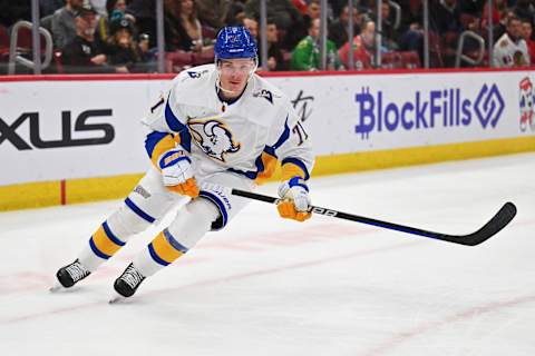 Jan 17, 2023; Chicago, Illinois, USA; Buffalo Sabres forward Victor Olofsson (71) skates against the Chicago Blackhawks at United Center. Mandatory Credit: Jamie Sabau-USA TODAY Sports