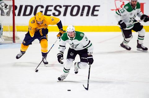 NASHVILLE, TN – MARCH 6: John Klingberg #3 of the Dallas Stars skates against Ryan Johansen #92 of the Nashville Predators during an NHL game at Bridgestone Arena on March 6, 2018 in Nashville, Tennessee. (Photo by Ronald C. Modra/NHL/Getty Images)