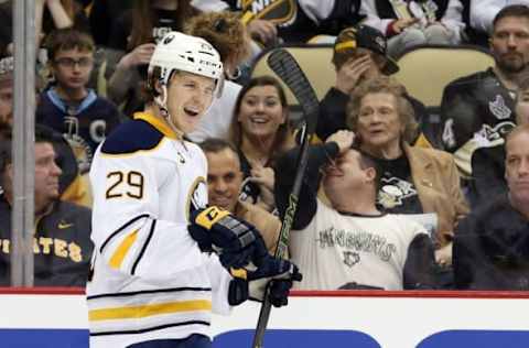 Mar 29, 2016; Pittsburgh, PA, USA; Buffalo Sabres defenseman Jake McCabe (29) celebrates after scoring a goal against the Pittsburgh Penguins during the first period at the CONSOL Energy Center. The Penguins won 5-4 in a shootout. Mandatory Credit: Charles LeClaire-USA TODAY Sports