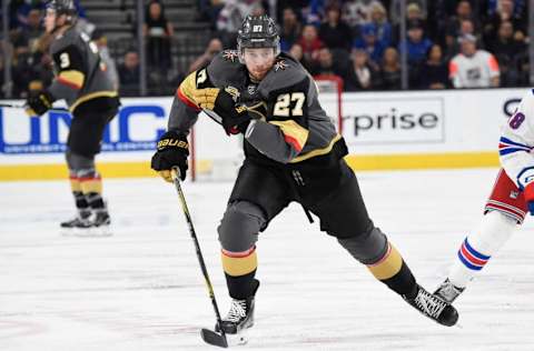 LAS VEGAS, NV – JANUARY 7: Shea Theodore #27 of the Vegas Golden Knights skates against the New York Rangers during the game at T-Mobile Arena on January 7, 2018, in Las Vegas, Nevada. (Photo by Jeff Bottari/NHLI via Getty Images)