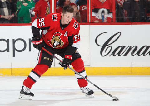 OTTAWA, ON – MARCH 24: Matt Duchene #95 of the Ottawa Senators warms up prior to a game against the Carolina Hurricanes at Canadian Tire Centre on March 24, 2018 in Ottawa, Ontario, Canada. (Photo by Andre Ringuette/NHLI via Getty Images)