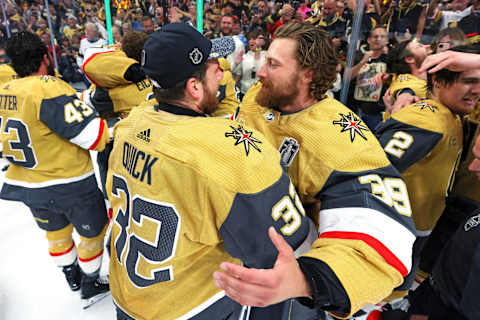 LAS VEGAS, NEVADA – JUNE 13: Jonathan Quick #32 of the Vegas Golden Knights and Laurent Brossoit #39 of the Vegas Golden Knights celebrate a championship win against the Florida Panthers in Game Five of the 2023 NHL Stanley Cup Final at T-Mobile Arena on June 13, 2023 in Las Vegas, Nevada. (Photo by Bruce Bennett/Getty Images)