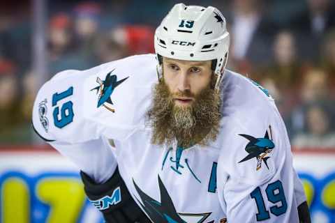 Jan 11, 2017; Calgary, Alberta, CAN; San Jose Sharks center Joe Thornton (19) during the face off against the Calgary Flames during the second period at Scotiabank Saddledome. Mandatory Credit: Sergei Belski-USA TODAY Sports