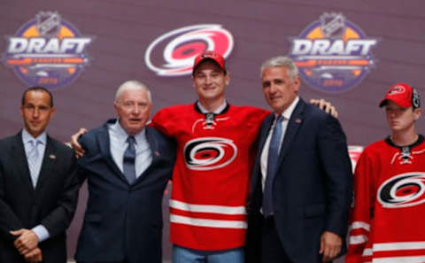 Jun 24, 2016; Buffalo, NY, USA; Julien Gauthier poses for a photo after being selected as the number twenty-one overall draft pick by the Carolina Hurricanes in the first round of the 2016 NHL Draft at the First Niagra Center. Mandatory Credit: Timothy T. Ludwig-USA TODAY Sports