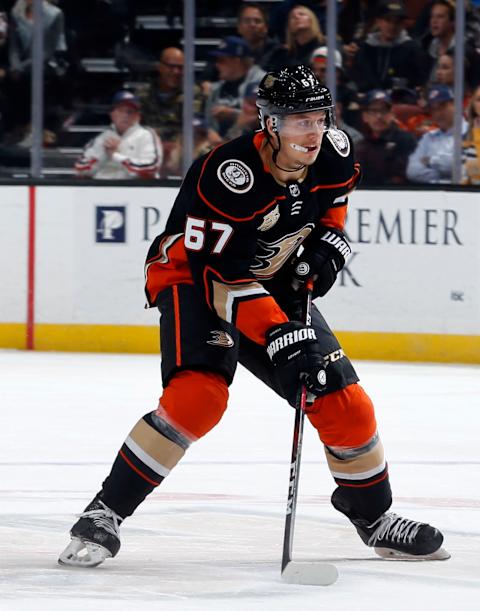 ANAHEIM, CA – NOVEMBER 12: Rickard Rakell #67 of the Anaheim Ducks skates with the puck during the game against the Nashville Predators on November 12, 2018, at Honda Center in Anaheim, California. (Photo by Debora Robinson/NHLI via Getty Images)